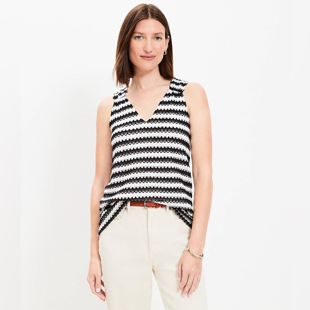 LOFT Black and White Striped Crochet V-Neck‎ Top Size Small
